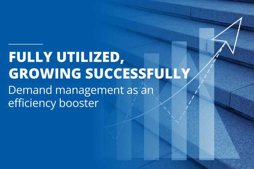 Blue-toned graphic showing steps and a growth chart with the text 'Fully Utilized, Growing Successfully' and subtitle 'Demand management as an efficiency booster.'