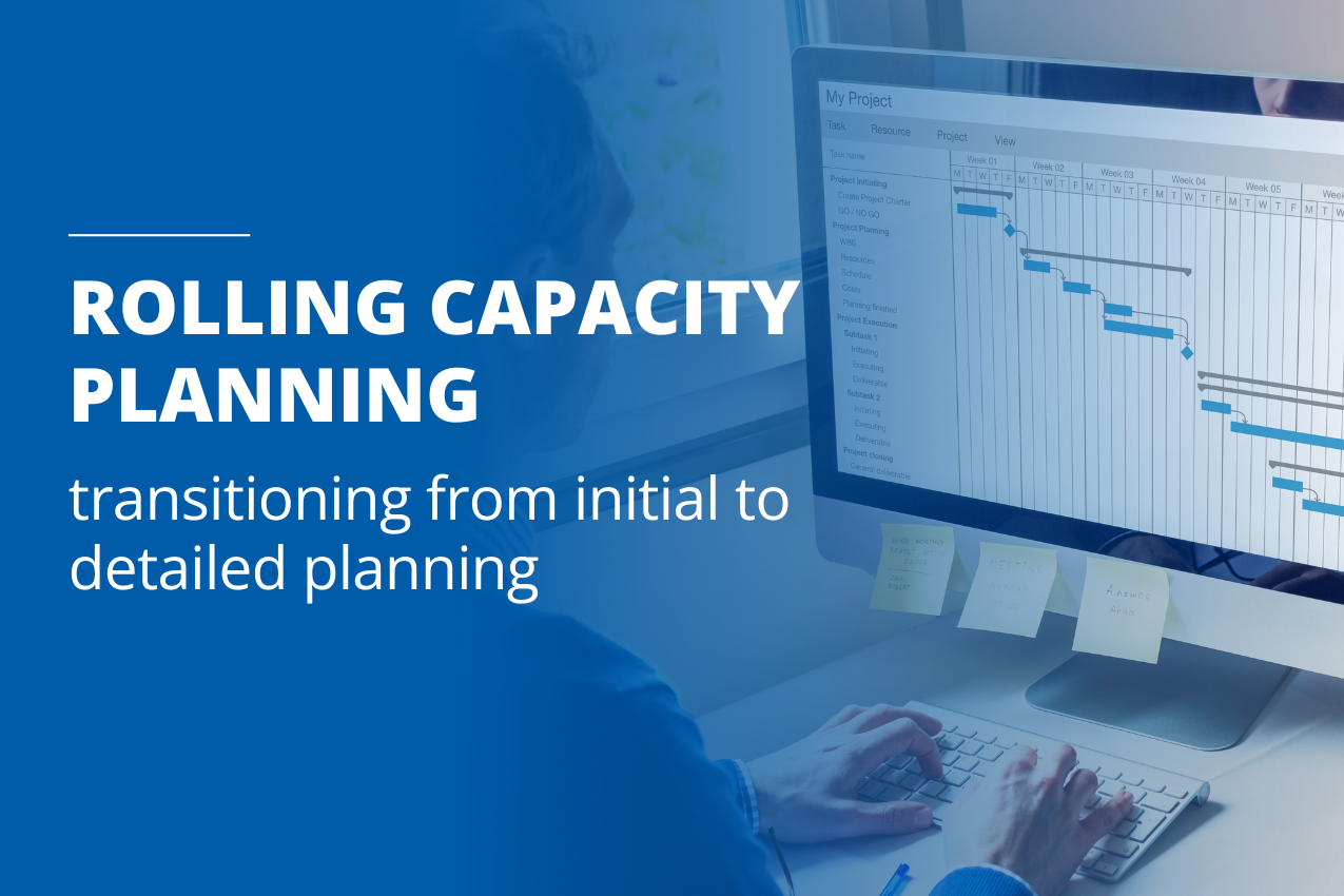 Capacity planning as an ongoing process with a focus on the necessity of continuous adjustments, illustrated by a man in front of a Gantt chart on the computer.