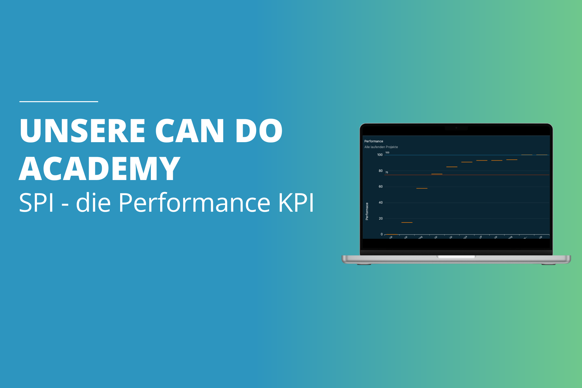 "Unsere Can Do Academy - SPI, die Performance KPI" mit Laptop und Performance-Anzeige